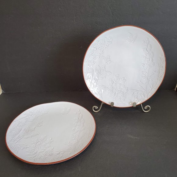 Pier 1 Terracotta White Glazed Dinner Plates 11" Impressed Floral Butterfly Set - Picture 2 of 13